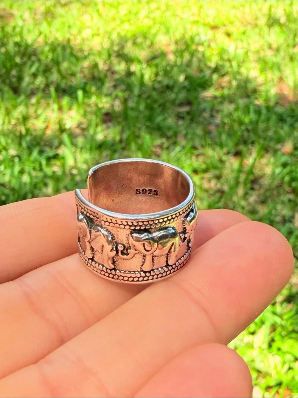 Sterling Silver 925 Elephant Motif Adjustable Band Ring - Silver